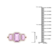 Империјал скапоцен камен 10К розово злато смарагд исечено розово аметист КТ два дијамантски три камени ореол женски прстен