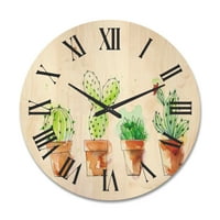 DesignArt 'Кактуси во нежни тонови во керамички садови I' Традиционален часовник со woodид од дрво