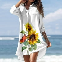 Женска Плажа Фустан Џеб Ревер Долг Ракав Печатени Кошула Блузи С - Лето Врвот