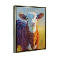 Среќна крава фарма куќа тревни животни и инсекти Сликање сјај сив врамен уметнички печатен wallид уметност