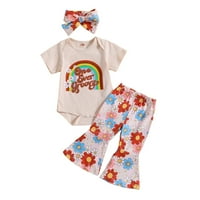 Мали Девојки Летна Облека Поставува Кратки Ракави Писмо Печатење Ромпер Блузи + Цветни Разгорени Панталони + Лента За Глава