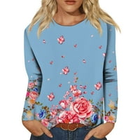 Хуачен Жените Паѓаат Врвови Бохо Цветни Печати Долги Ракави Блузи Круг Вратот Пуловер Врвот Блуза